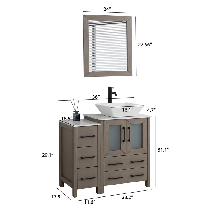 CVC Driftwood Gray Solid Wood with Basin Engineered Marble Top and Mirror CVC24 Bathroom Cabinet - 84" x 18.5" x 36"