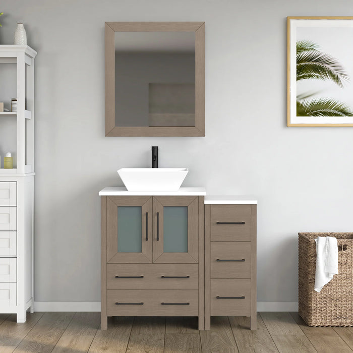 CVC Driftwood Gray Solid Wood with Basin Engineered Marble Top and Mirror CVC24 Bathroom Cabinet - 84" x 18.5" x 36"