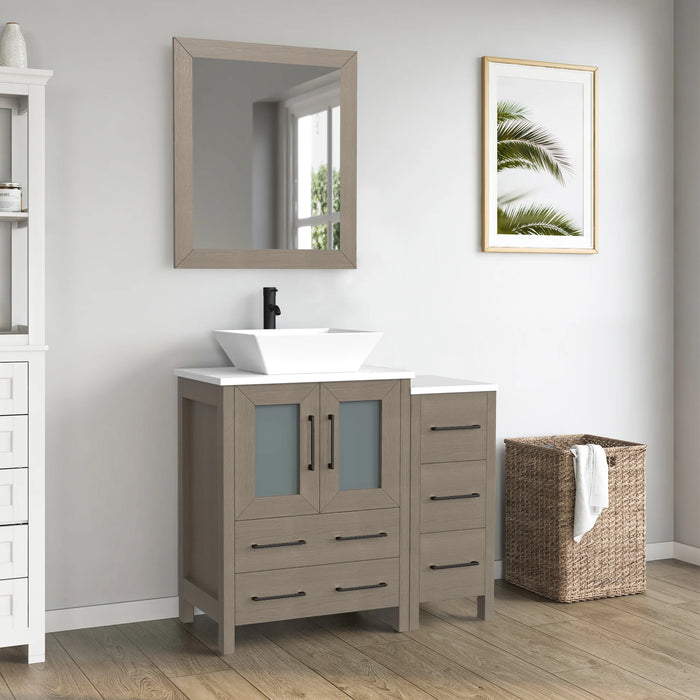 CVC Driftwood Gray Solid Wood with Basin Engineered Marble Top and Mirror CVC24 Bathroom Cabinet - 84" x 18.5" x 36"