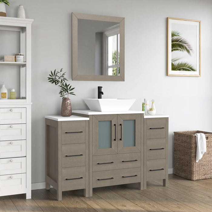 CVC Driftwood Gray Solid Wood with Basin Engineered Marble Top and Mirror CVC24 Bathroom Cabinet - 48" x 18.5" x 36"