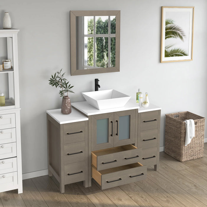 CVC Driftwood Gray Solid Wood with Basin Engineered Marble Top and Mirror CVC24 Bathroom Cabinet - 48" x 18.5" x 36"