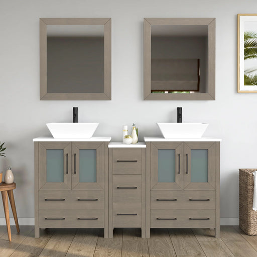 CVC Driftwood Gray Solid Wood with Basin Engineered Marble Top and Mirror CVC24 Bathroom Cabinet - 60" x 18.5" x 36"