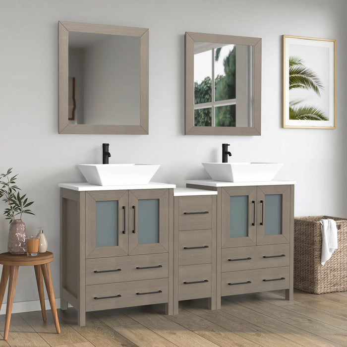 CVC Driftwood Gray Solid Wood with Basin Engineered Marble Top and Mirror CVC24 Bathroom Cabinet - 60" x 18.5" x 36"