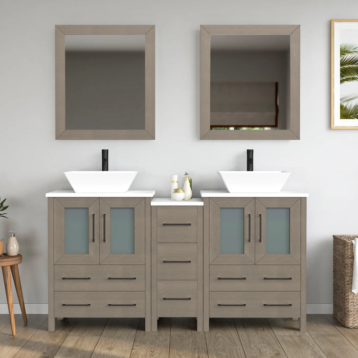 CVC Driftwood Gray Solid Wood with Basin Engineered Marble Top and Mirror CVC24 Bathroom Cabinet - 72" x 18.5" x 36"