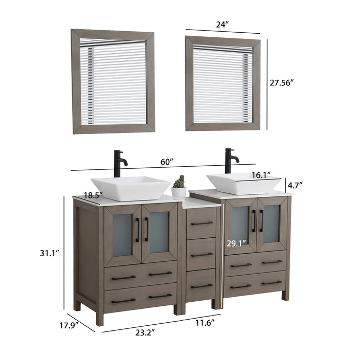 CVC Driftwood Gray Solid Wood with Basin Engineered Marble Top and Mirror CVC24 Bathroom Cabinet - 72" x 18.5" x 36"