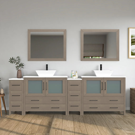 CVC Driftwood Gray Solid Wood with White Engineered Marble Top and Mirror CVC36 Bathroom Cabinet - 96" x 18.5" x 36"