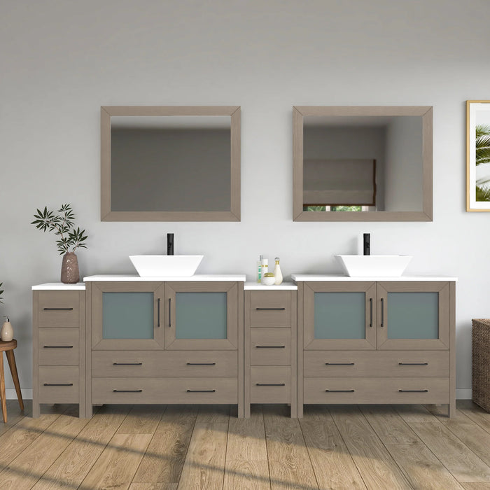 CVC Driftwood Gray Solid Wood with White Engineered Marble Top and Mirror CVC36 Bathroom Cabinet - 96" x 18.5" x 36"