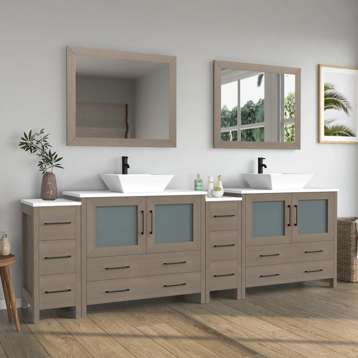 CVC Driftwood Gray Solid Wood with White Engineered Marble Top and Mirror CVC36 Bathroom Cabinet - 96" x 18.5" x 36"