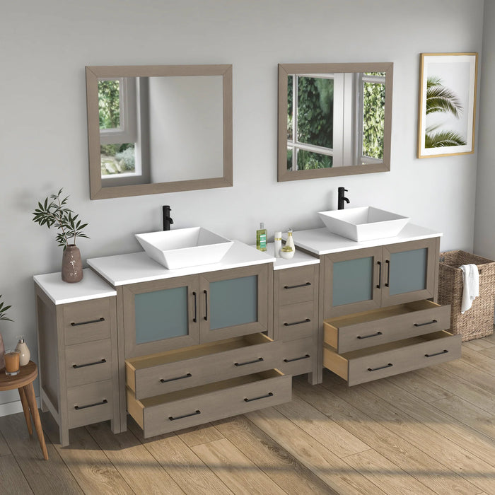 CVC Driftwood Gray Solid Wood with White Engineered Marble Top and Mirror CVC36 Bathroom Cabinet - 96" x 18.5" x 36"