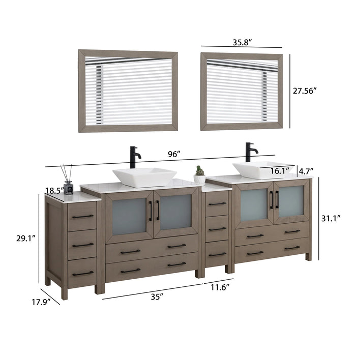 CVC Driftwood Gray Solid Wood with White Engineered Marble Top and Mirror CVC36 Bathroom Cabinet - 96" x 18.5" x 36"