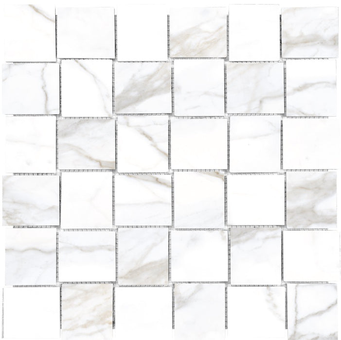 Full Sheet Sample - Lucca Calacatta Basket Weave Porcelain Mosaic - 12" x 12" Matte