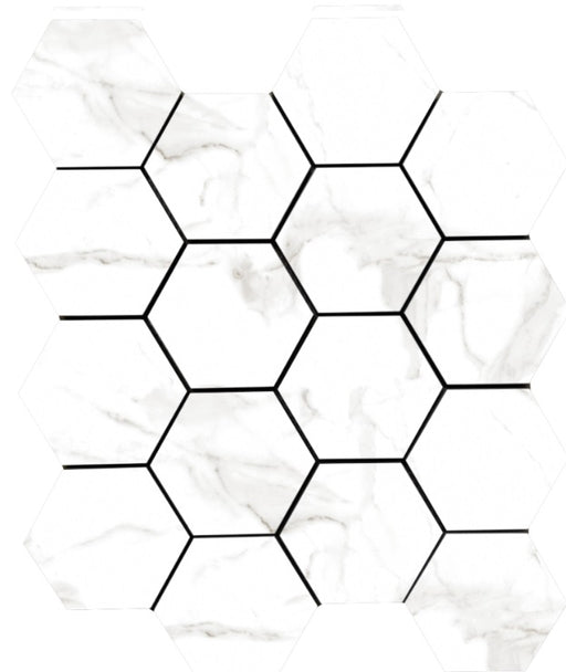 Full Sheet Sample - Lucca Calacatta Hexagon Porcelain Mosaic - 3" x 3" x 9 MM Matte