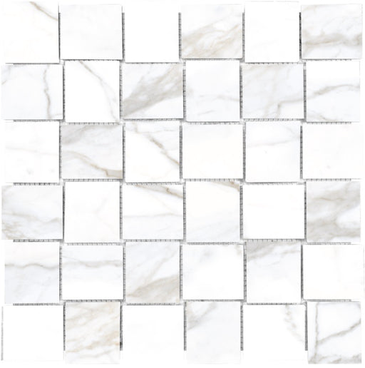 Full Sheet Sample - Lucca Calacatta Basket Weave Porcelain Mosaic - 11.75" x 11.75" x 9 MM Polished