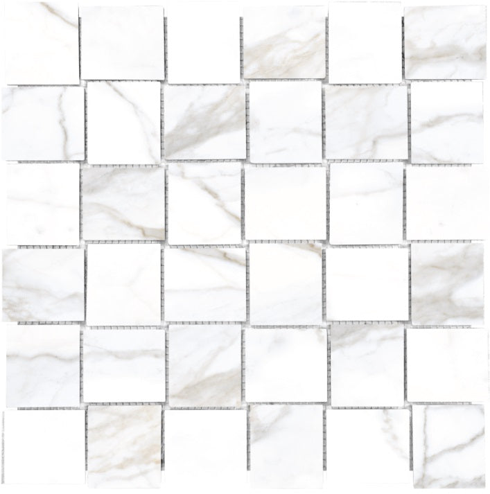 Full Sheet Sample - Lucca Calacatta Basket Weave Porcelain Mosaic - 12" x 12" Polished