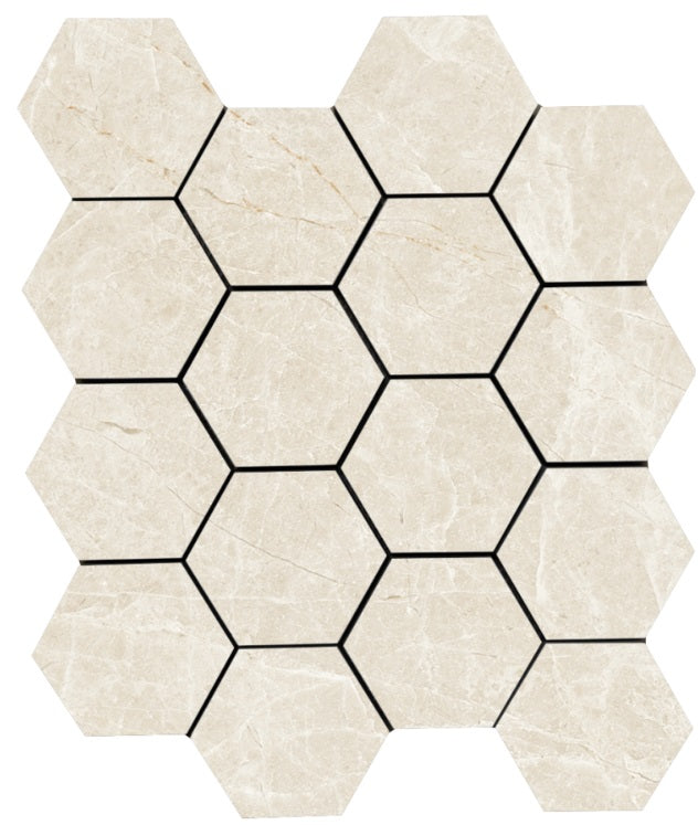 Full Sheet Sample - Lucca Crema Marfil Hexagon Porcelain Mosaic - 3" Matte