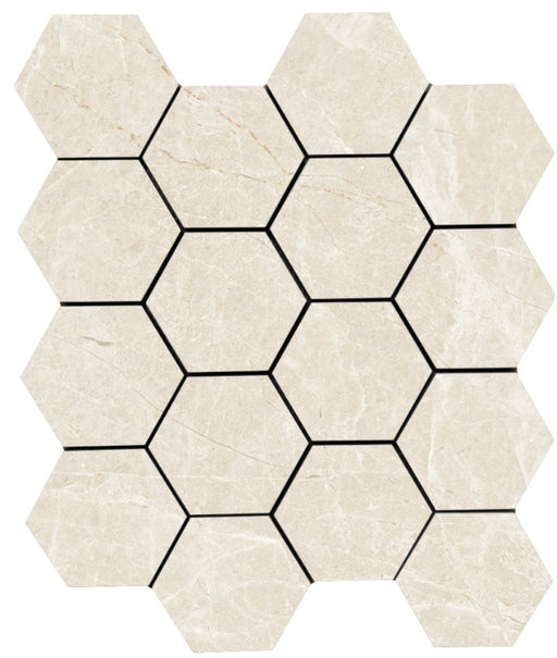 Full Sheet Sample - Lucca Crema Marfil Hexagon Porcelain Mosaic - 3" x 3" x 9 MM Polished