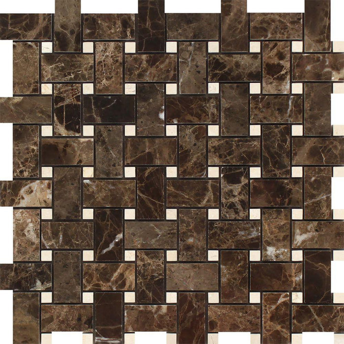 Full Sheet Sample - Emperador Dark Basket Weave with Crema Marfil Dots Marble Mosaic - 1" x 2" x 3/8" Polished