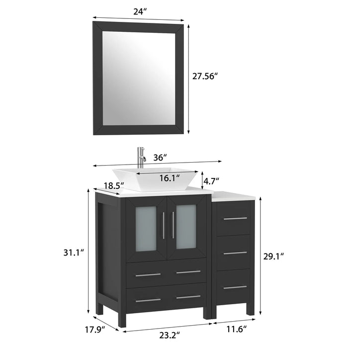 CVC Espresso Solid Wood with Basin Engineered Marble Top and Mirror CVC24 Bathroom Cabinet - 36" x 18.5" x 36"
