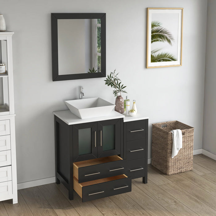 CVC Espresso Solid Wood with Basin Engineered Marble Top and Mirror CVC24 Bathroom Cabinet - 36" x 18.5" x 36"