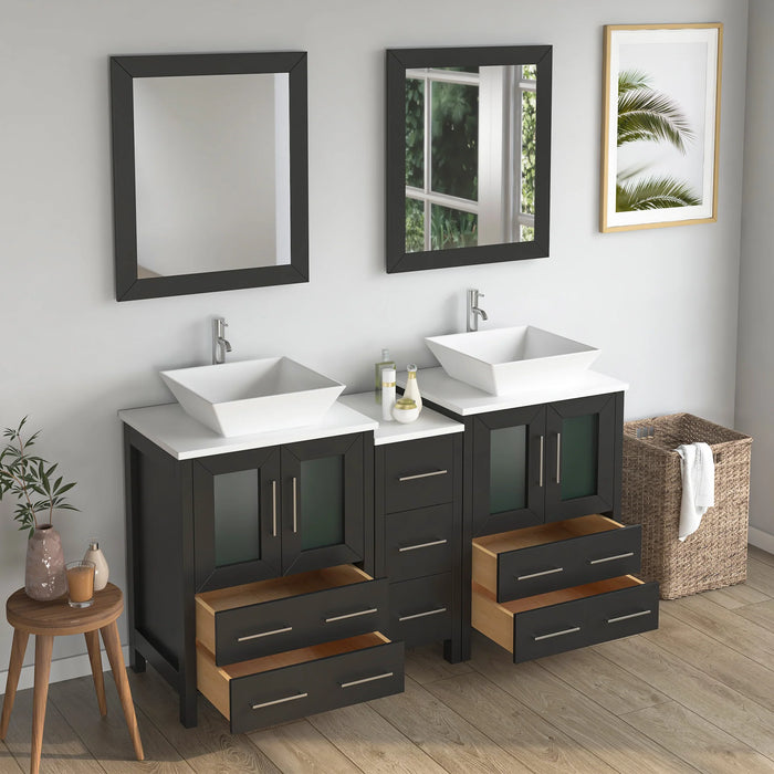 CVC Espresso Solid Wood with Basin Engineered Marble Top and Mirror CVC24 Bathroom Cabinet - 60" x 18.5" x 36"