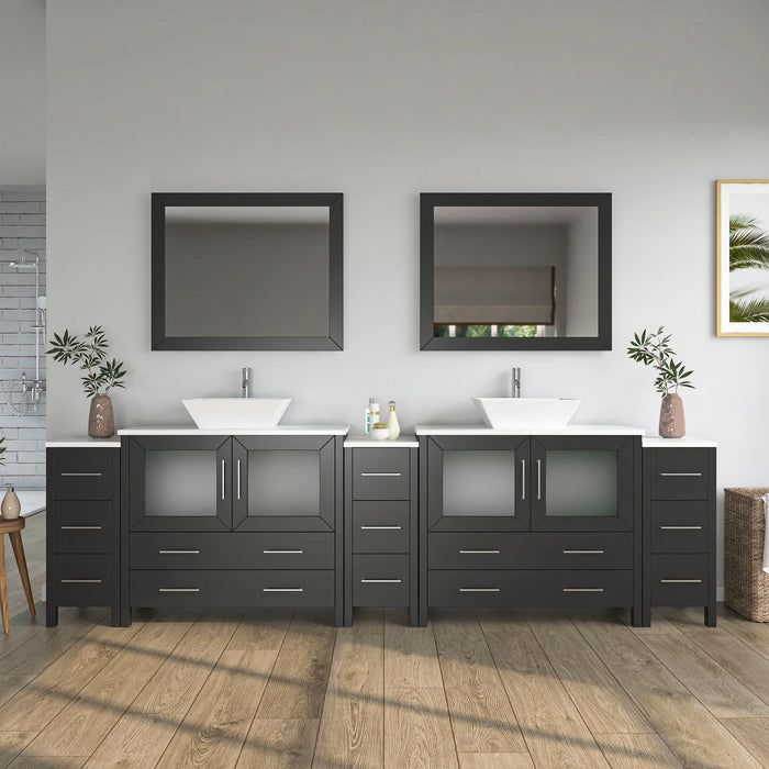 CVC Espresso Solid Wood with White Engineered Marble Top and Mirror CVC36 Bathroom Cabinet - 108" x 18.5" x 36"