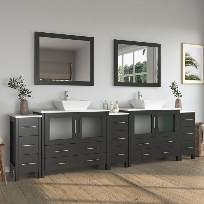 CVC Espresso Solid Wood with White Engineered Marble Top and Mirror CVC36 Bathroom Cabinet - 108" x 18.5" x 36"