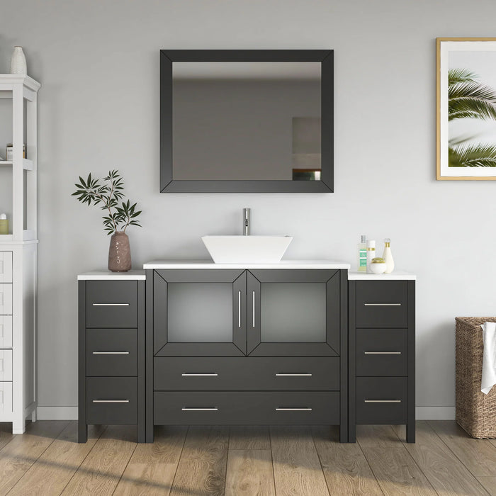 CVC Espresso Solid Wood with White Engineered Marble Top and Mirror CVC36 Bathroom Cabinet - 60" x 18.5" x 36"