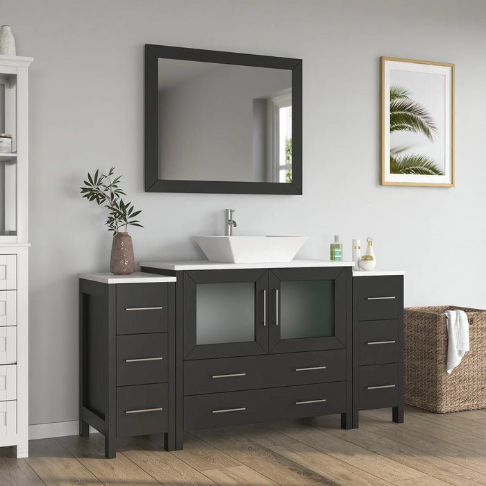 CVC Espresso Solid Wood with White Engineered Marble Top and Mirror CVC36 Bathroom Cabinet - 60" x 18.5" x 36"