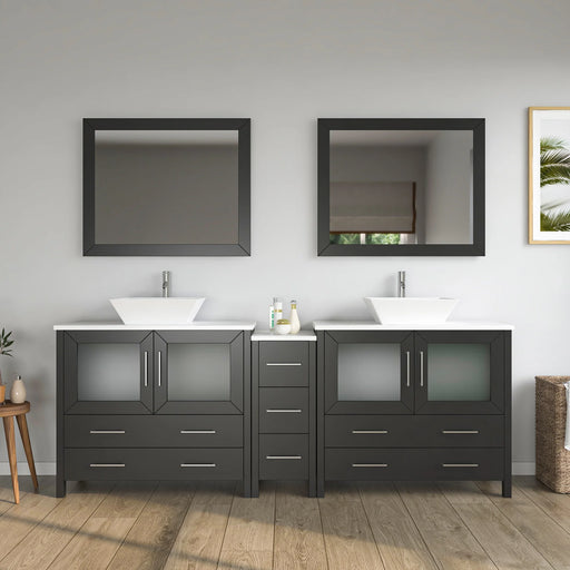 CVC Espresso Solid Wood with White Engineered Marble Top and Mirror CVC36 Bathroom Cabinet - 84" x 18.5" x 36"