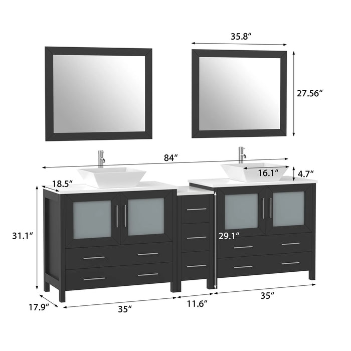 CVC Espresso Solid Wood with White Engineered Marble Top and Mirror CVC36 Bathroom Cabinet - 84" x 18.5" x 36"