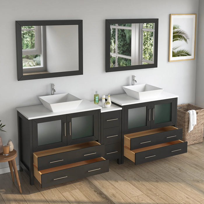 CVC Espresso Solid Wood with White Engineered Marble Top and Mirror CVC36 Bathroom Cabinet - 84" x 18.5" x 36"
