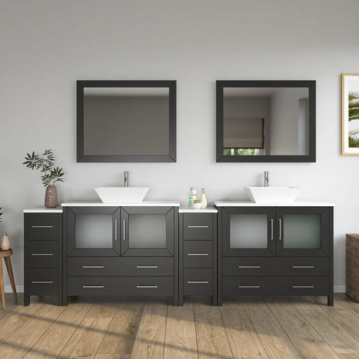 CVC Espresso Solid Wood with White Engineered Marble Top and Mirror CVC36 Bathroom Cabinet - 96" x 18.5" x 36"
