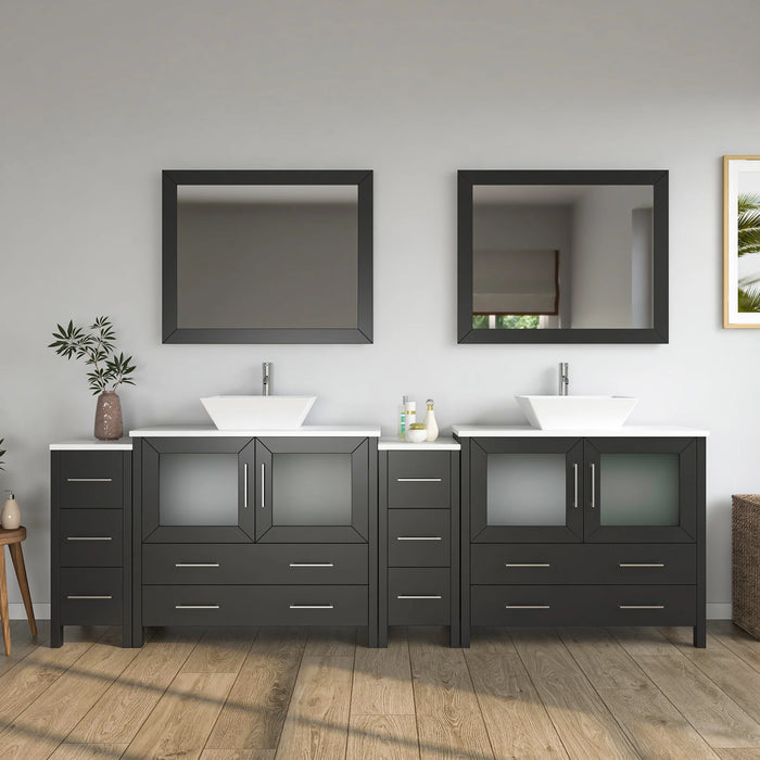 CVC Espresso Solid Wood with White Engineered Marble Top and Mirror CVC36 Bathroom Cabinet - 96" x 18.5" x 36"