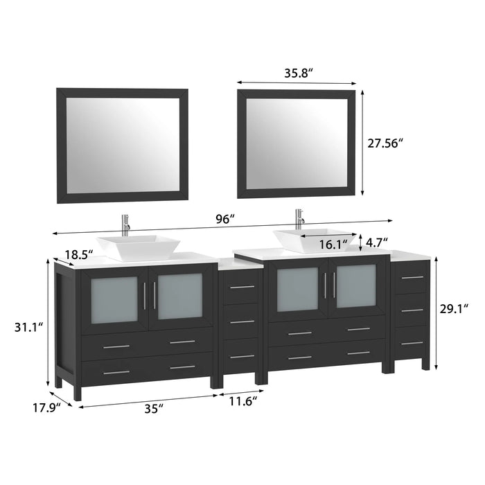 CVC Espresso Solid Wood with White Engineered Marble Top and Mirror CVC36 Bathroom Cabinet - 96" x 18.5" x 36"