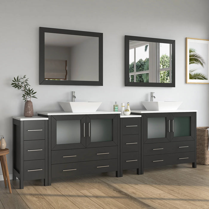 CVC Espresso Solid Wood with White Engineered Marble Top and Mirror CVC36 Bathroom Cabinet - 96" x 18.5" x 36"