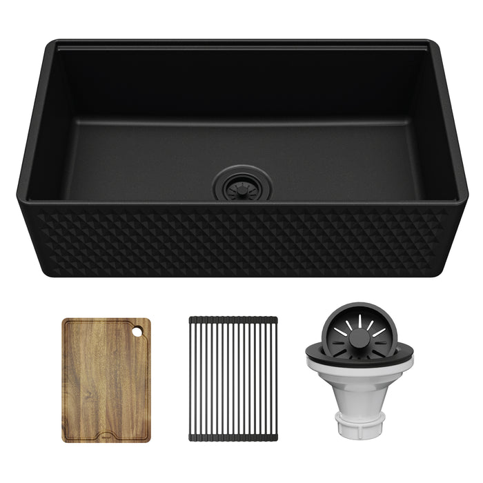 FCWSD33SBMB.PK1 Fireclay Matte Black Fireclay Farmhouse / Apron Front Workstation Kitchen Sink - 33" x 17 1/2" x 10"