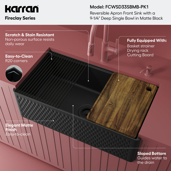 FCWSD33SBMB.PK1 Fireclay Matte Black Fireclay Farmhouse / Apron Front Workstation Kitchen Sink - 33" x 17 1/2" x 10"