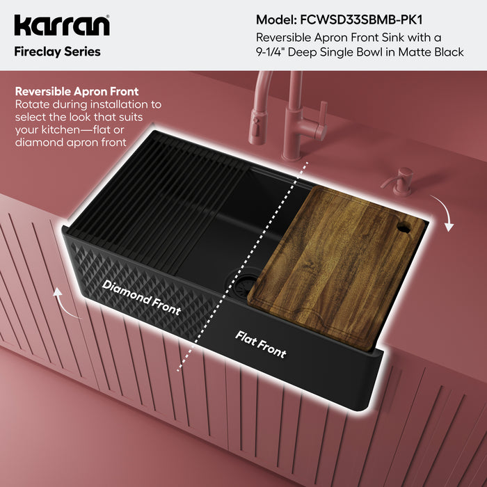 FCWSD33SBMB.PK1 Fireclay Matte Black Fireclay Farmhouse / Apron Front Workstation Kitchen Sink - 33" x 17 1/2" x 10"