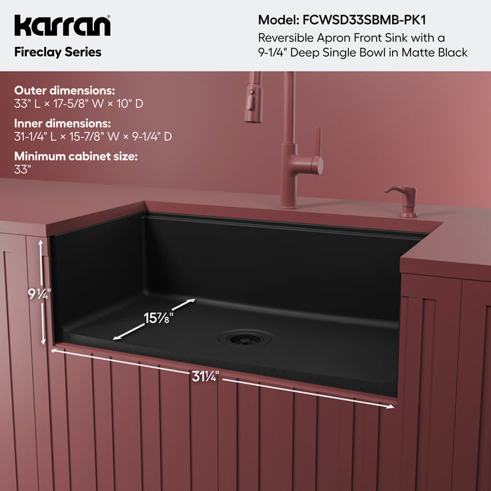FCWSD33SBMB.PK1 Fireclay Matte Black Fireclay Farmhouse / Apron Front Workstation Kitchen Sink - 33" x 17 1/2" x 10"