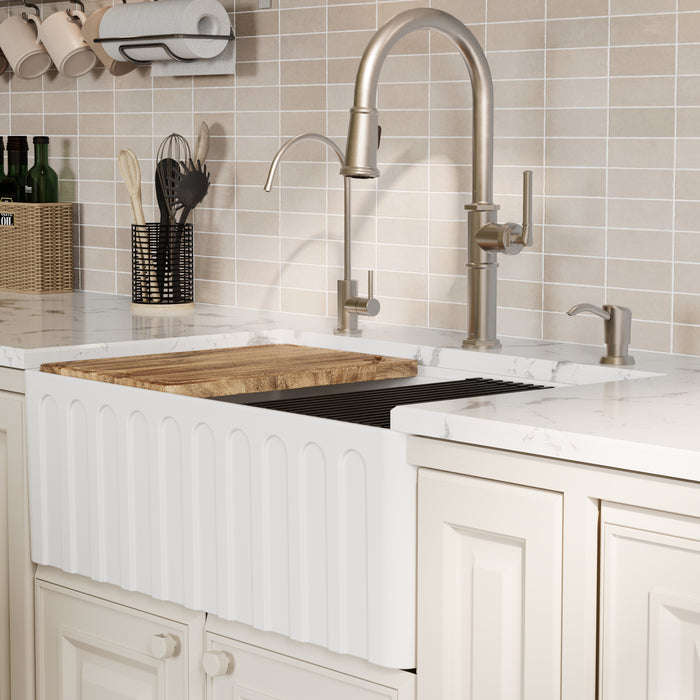 FCWSF30SBWH.PK1 Fireclay White Fireclay Farmhouse / Apron Front Workstation Kitchen Sink - 30" x 17 1/2" x 10"