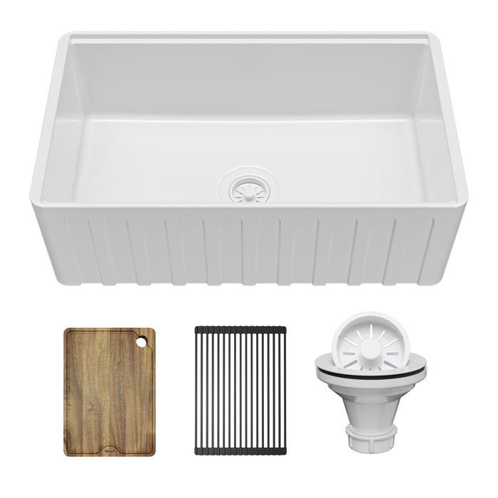 FCWSF30SBWH.PK1 Fireclay White Fireclay Farmhouse / Apron Front Workstation Kitchen Sink - 30" x 17 1/2" x 10"