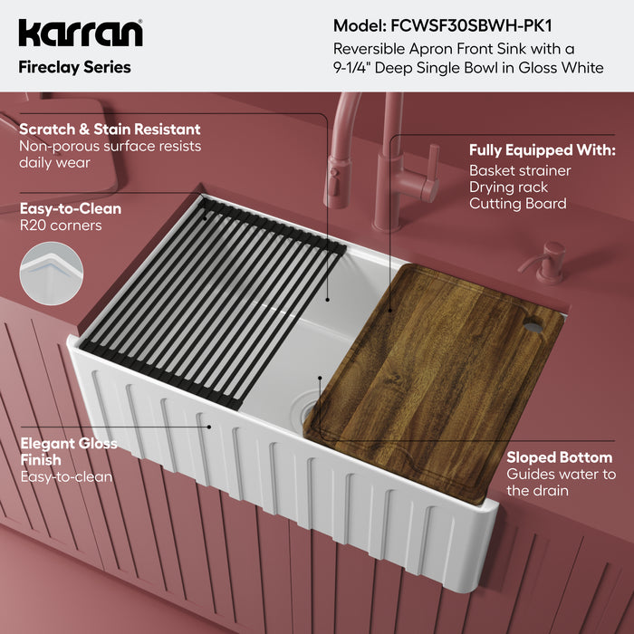 FCWSF30SBWH.PK1 Fireclay White Fireclay Farmhouse / Apron Front Workstation Kitchen Sink - 30" x 17 1/2" x 10"