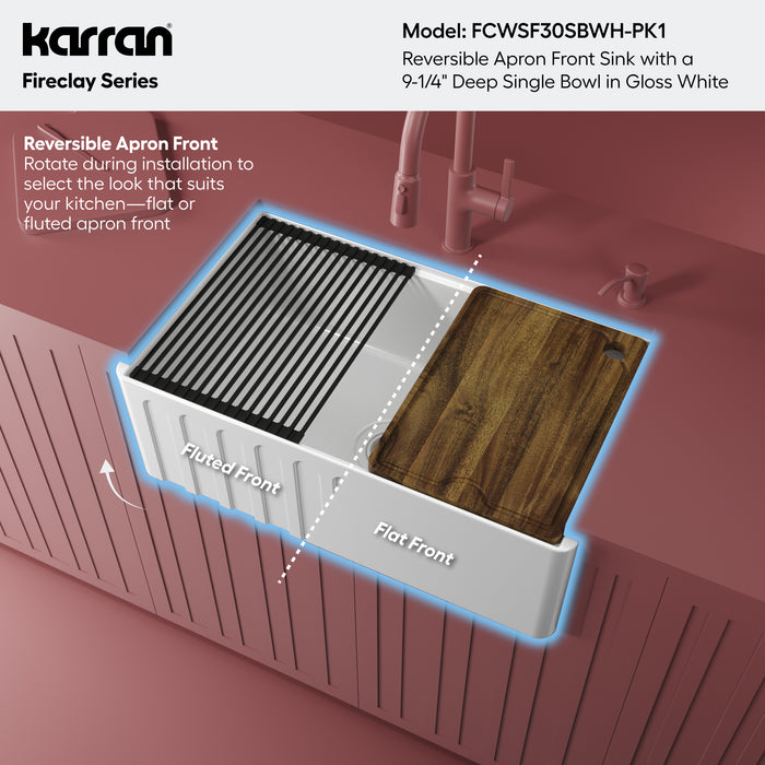 FCWSF30SBWH.PK1 Fireclay White Fireclay Farmhouse / Apron Front Workstation Kitchen Sink - 30" x 17 1/2" x 10"