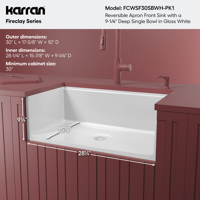 FCWSF30SBWH.PK1 Fireclay White Fireclay Farmhouse / Apron Front Workstation Kitchen Sink - 30" x 17 1/2" x 10"