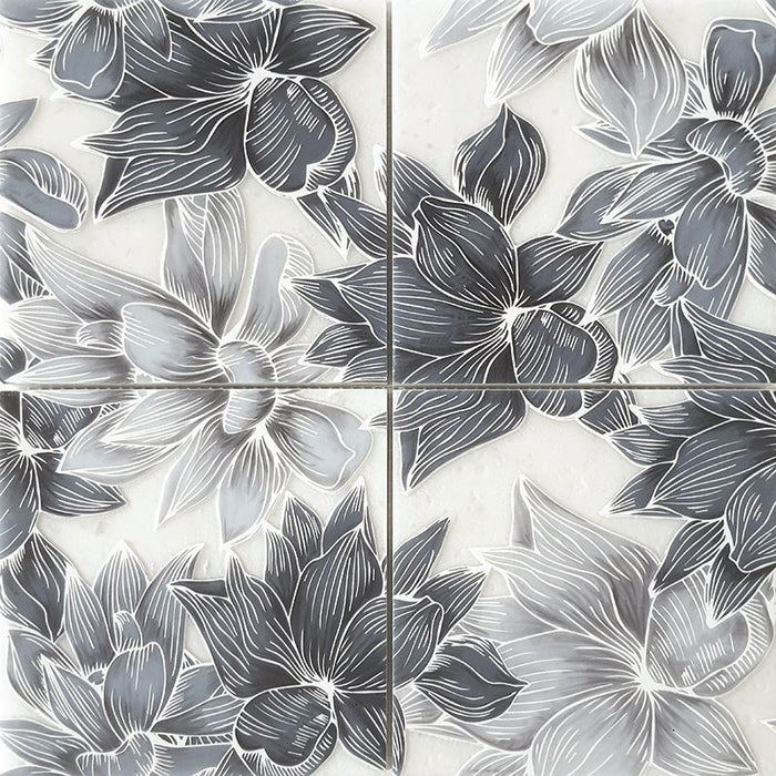 Full Tile Sample - Skalini Line Flora Bloom Blue Marble Mosaic - 5.9" x 5.9" x 3/8" Etched