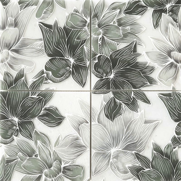 Full Tile Sample - Skalini Line Flora Bloom Green Marble Mosaic - 5.9" x 5.9" x 3/8" Etched