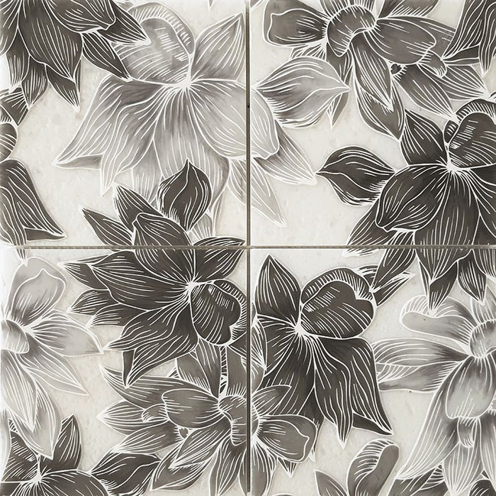Full Tile Sample - Skalini Line Flora Bloom Gray Marble Mosaic - 5.9" x 5.9" x 3/8" Etched