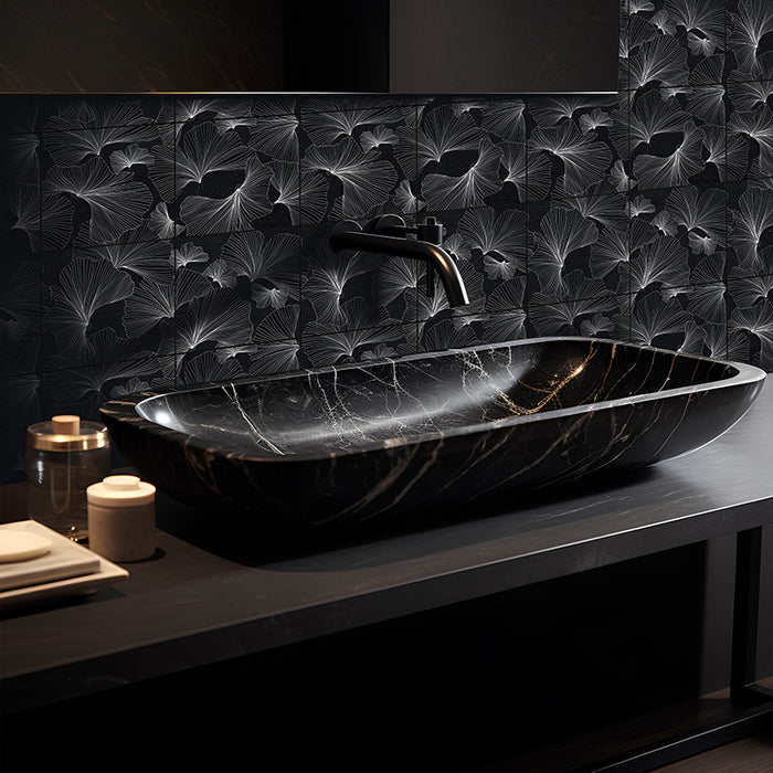 Skalini Line Flora Gingko Black Limestone Mosaic - 5.9" x 5.9"