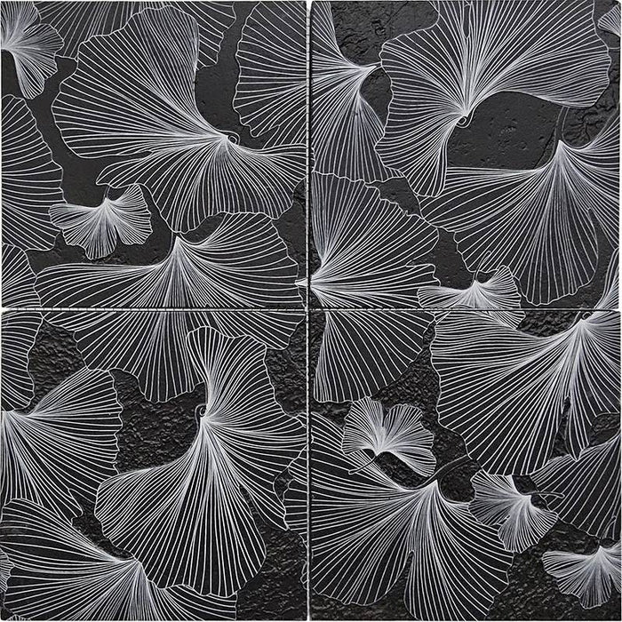 Full Tile Sample - Skalini Line Flora Gingko Black Limestone Mosaic - 5.9" x 5.9" x 3/8" Etched