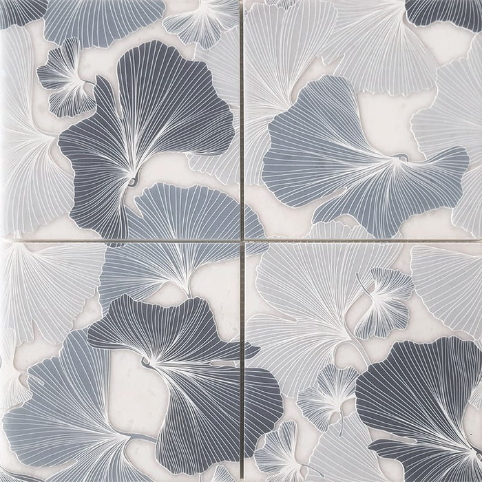 Full Tile Sample - Skalini Line Flora Gingko Blue Marble Mosaic - 5.9" x 5.9" x 3/8" Etched